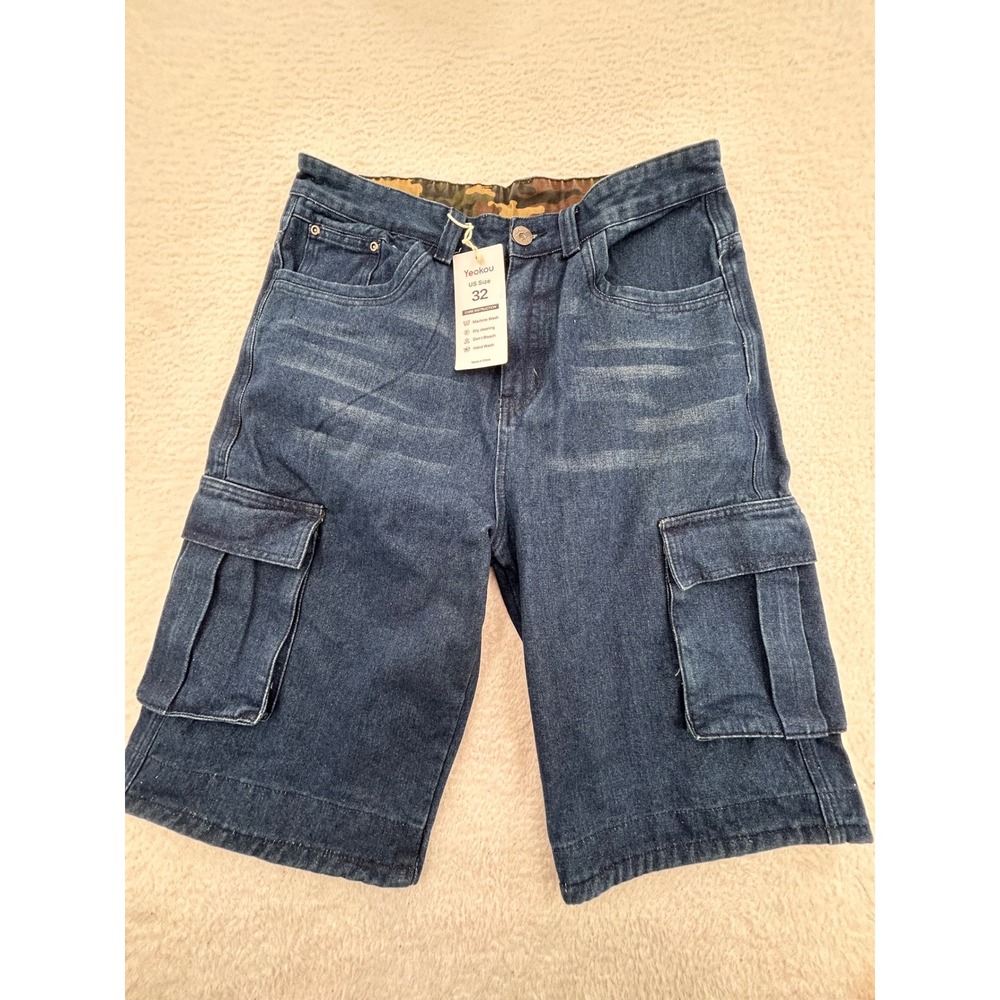 Yeokou Mens Denim Cargo Shorts Dark Wash Blue Camo Waistband Size 32 NWT